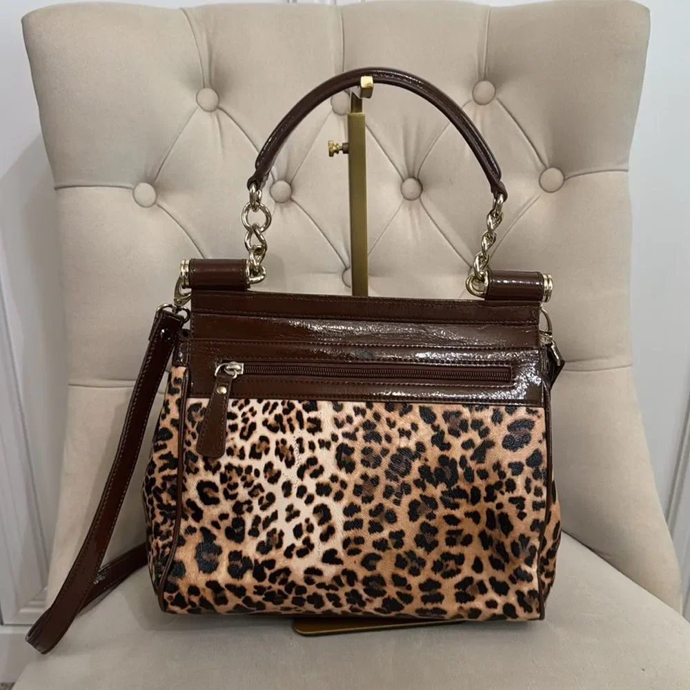 Sharif Leopard Print Satchel with Rose Gold Sequined Flap and Brown Trim